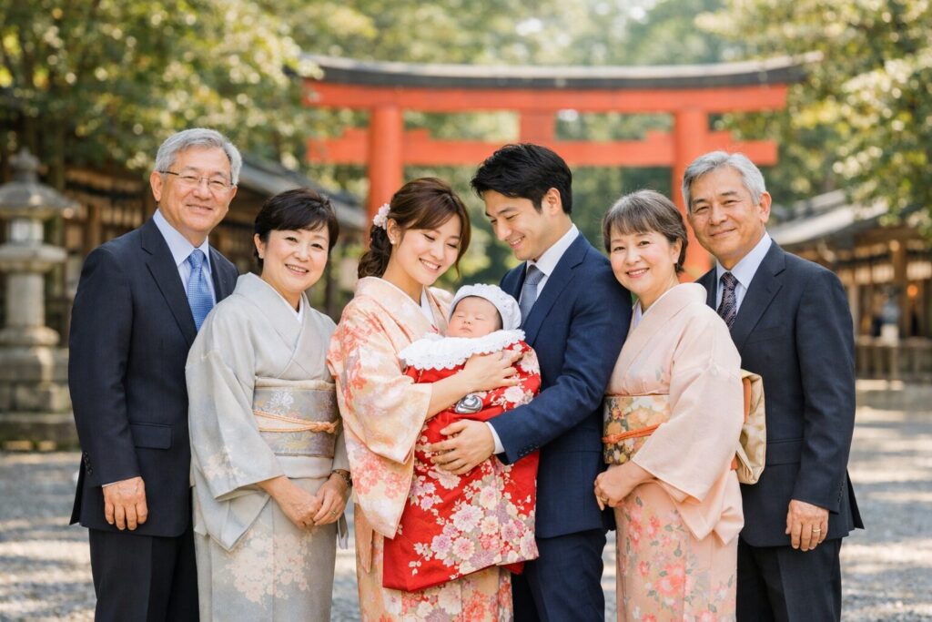 お宮参り　神社　家族写真　祖父母　出張撮影
