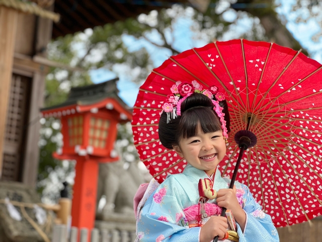 出張撮影　雨の日　和傘　七五三